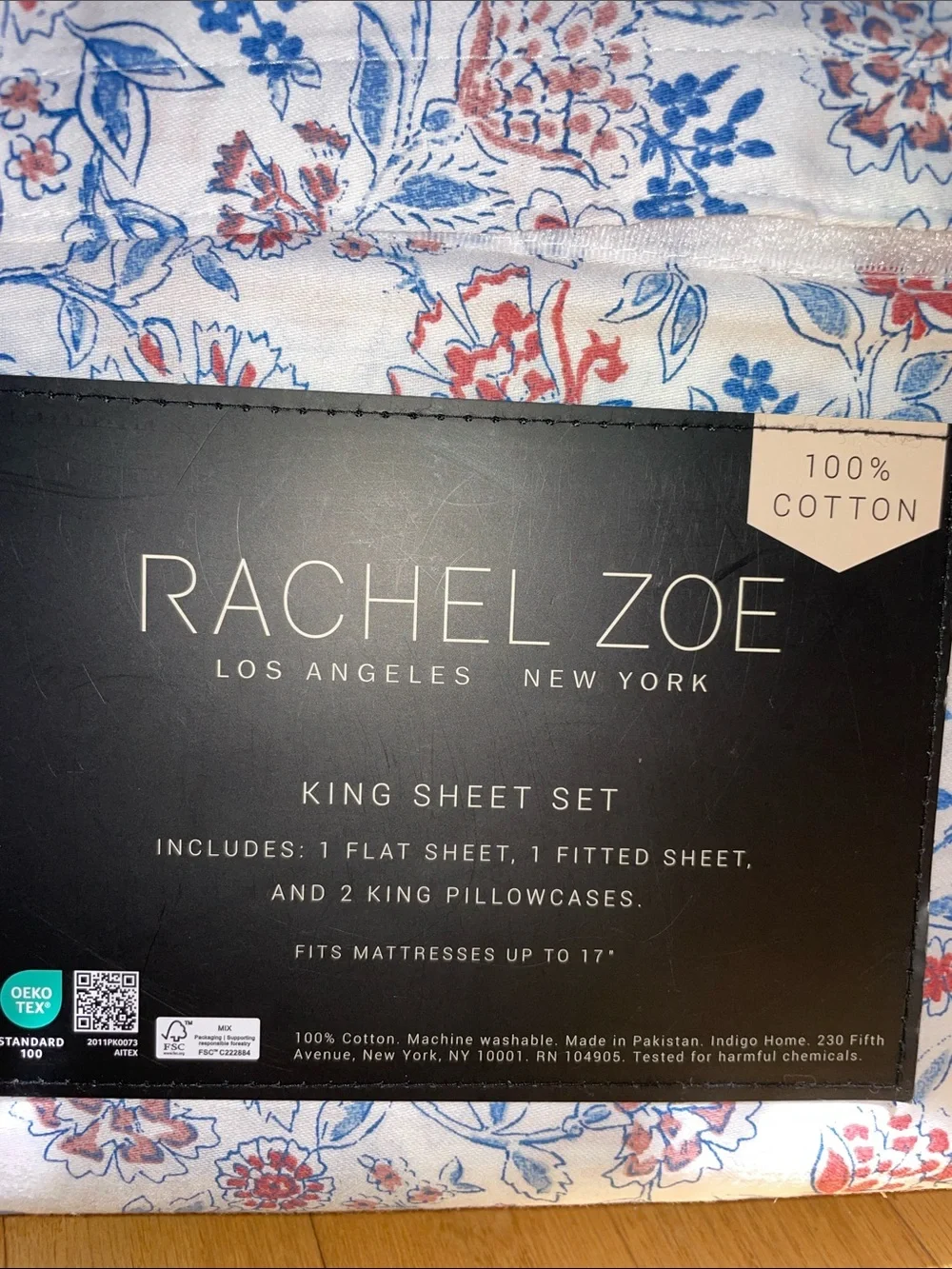 Rachel Zoe Floral King Sheet Set in Red and Blue floral on white background